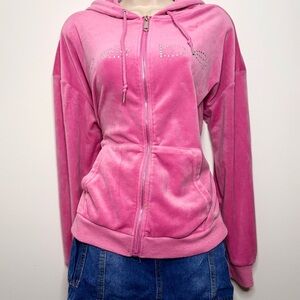 Pink Bebe Velour Zip Up Hoodie Tracksuit Top